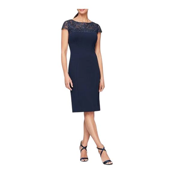 Alex Evenings Dress Cap Sleeve Round Neck Illusion Embroidered Stretch size 6 - Picture 1 of 6